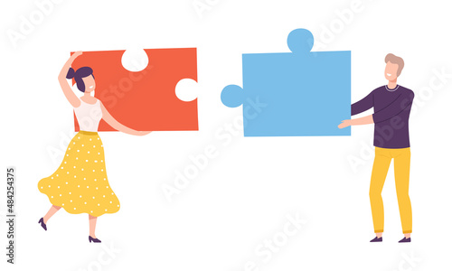 Young Man and Woman Holding Huge Jigsaw Puzzle Vector Set