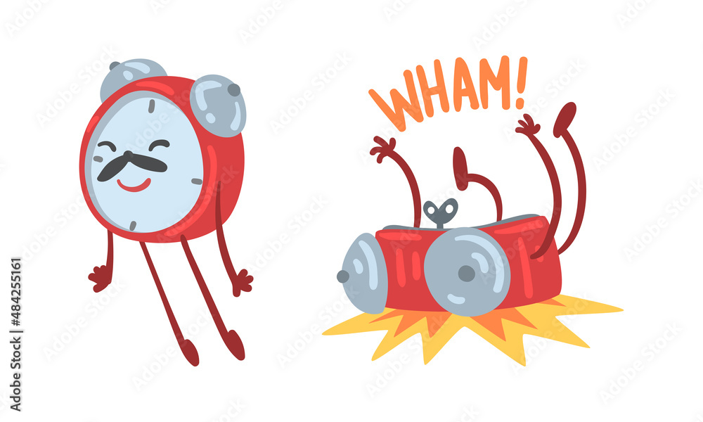 Red Alarm Clock Character Falling Down and Flying Vector Illustration Set