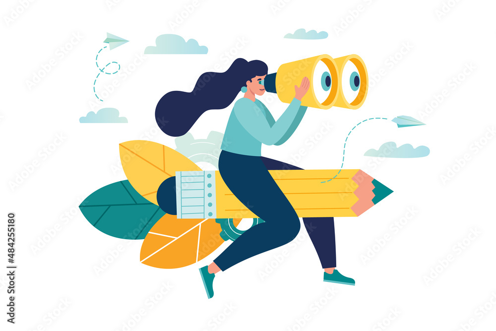 woman designer flies astride pencil and looks for creative ideas , talented creative workers. girl creative artist designer flies on pencil rocket looks through binoculars looking for ideas vector