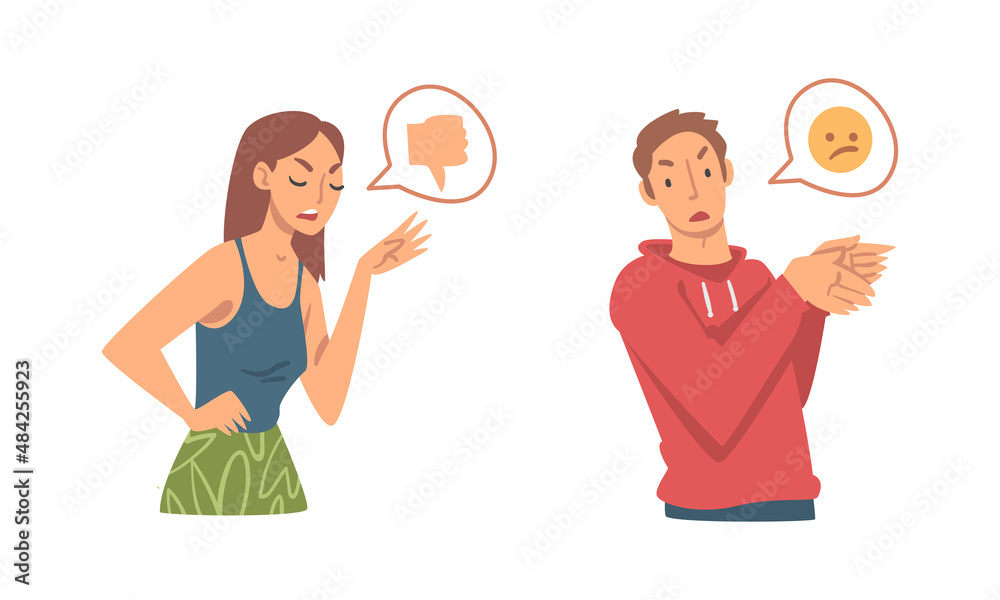 Young Angry Man and Woman Character Expressing Discontent in Social Media with Thumb Down Vector Illustration Set Young Angry Man and Woman Character Expressing Discontent in Social Media with Thumb Down Vector Illustration Set