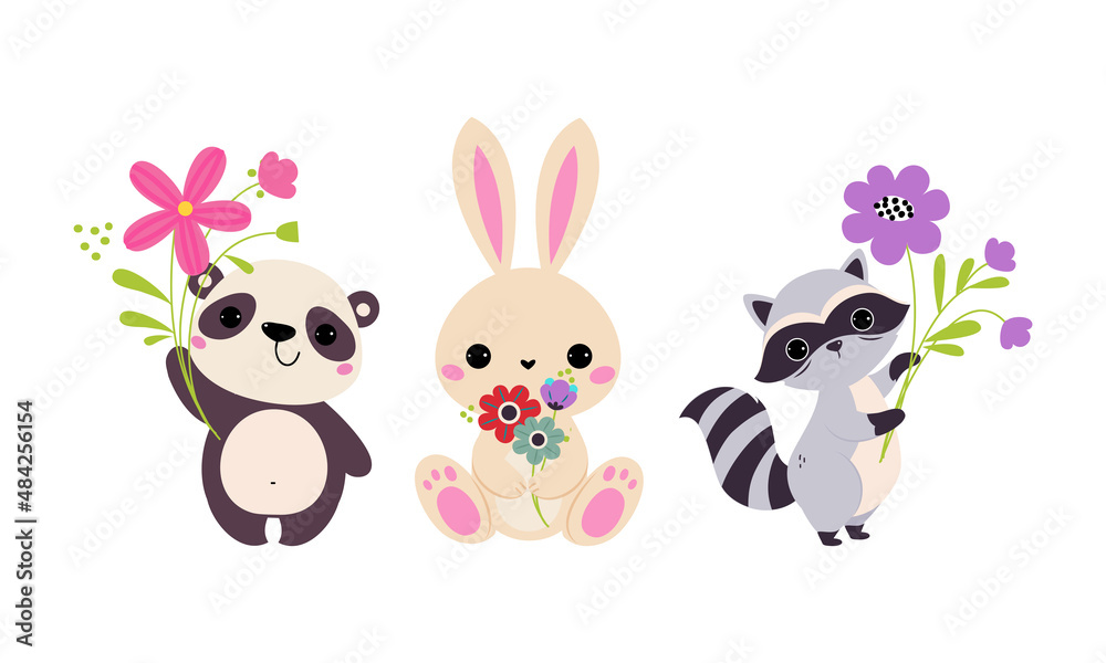 Cute Animal Holding Flower on Stalk with Paws Vector Illustration Set