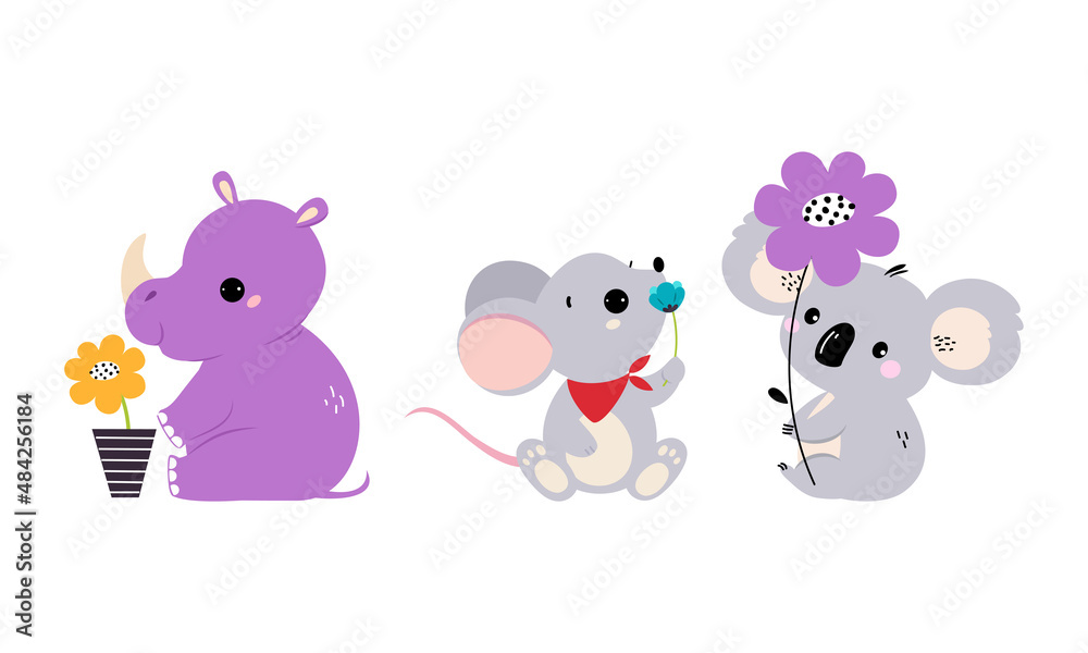 Cute Animal Holding Flower on Stalk with Paws Vector Illustration Set Cute Animal Holding Flower on Stalk with Paws Vector Illustration Set