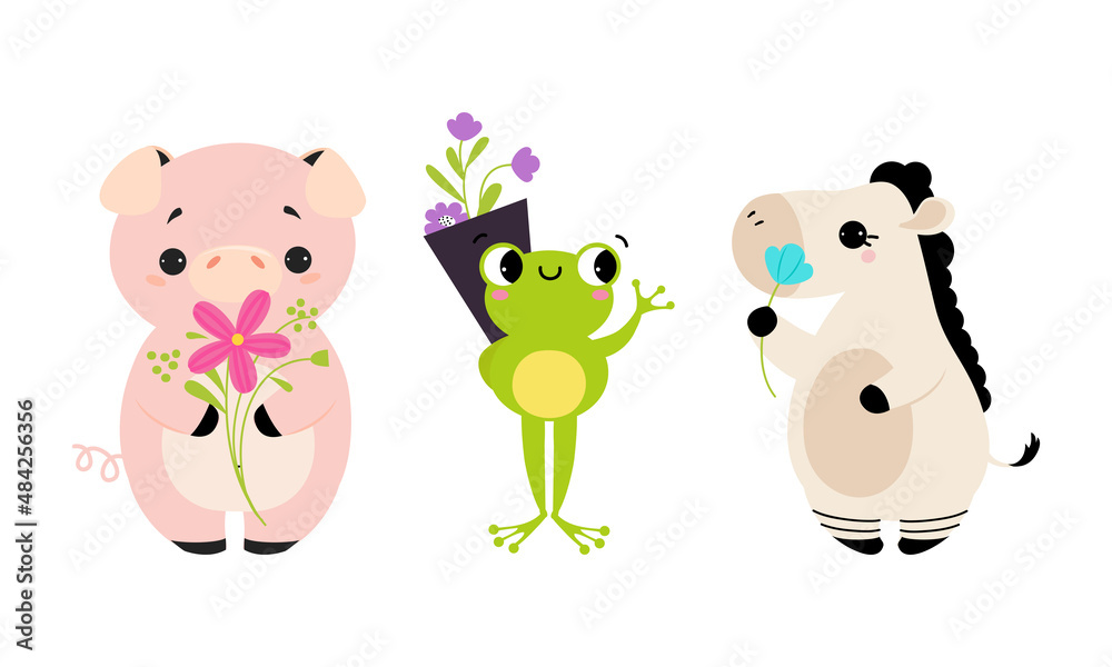 Naklejka premium Cute Animal Holding Flower on Stalk with Paws Vector Illustration Set