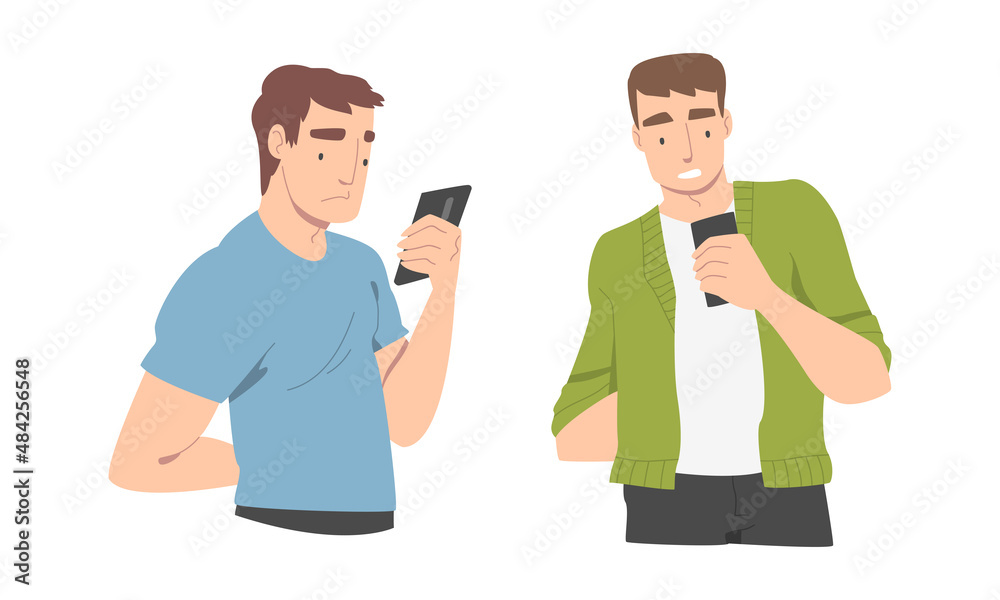 Disappointed with Bad News Man Character Reading Message on Smartphone Vector Illustration Set Disappointed with Bad News Man Character Reading Message on Smartphone Vector Illustration Set