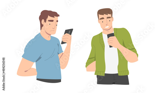 Disappointed with Bad News Man Character Reading Message on Smartphone Vector Illustration Set