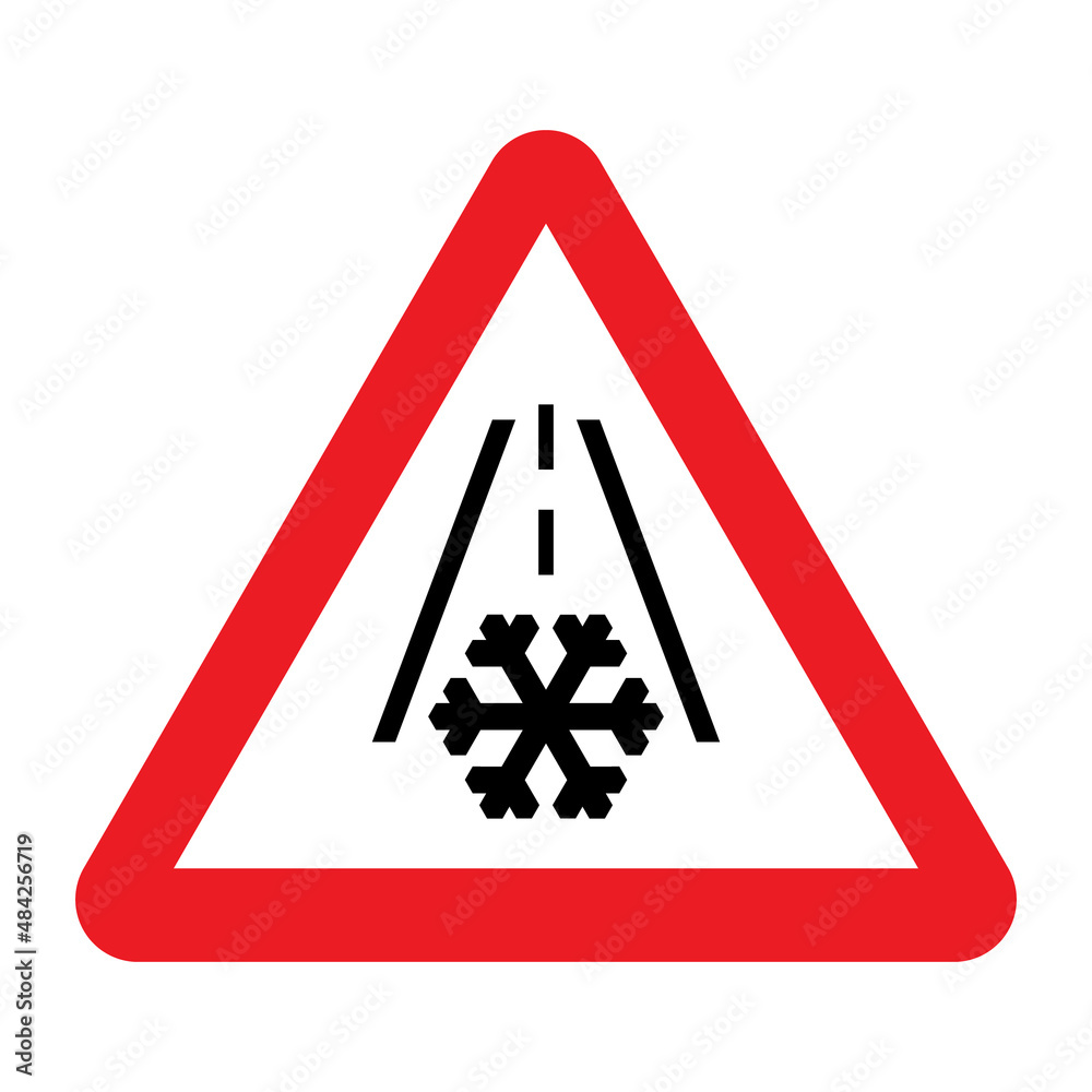 Ice on road warning sign. Vector illustration of red triangle sign with snowflake and street icon inside. Snow and ice. Caution snowfall, winter driving. Slippery road symbol.