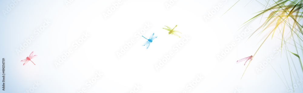 Green grass and dragonflies. Traditional oriental ink painting sumi-e, u-sin, go-hua. Green grass and dragonflies. Traditional oriental ink painting sumi-e, u-sin, go-hua.