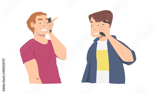 Disappointed with Bad News Man Character Speaking by Phone Vector Illustration Set
