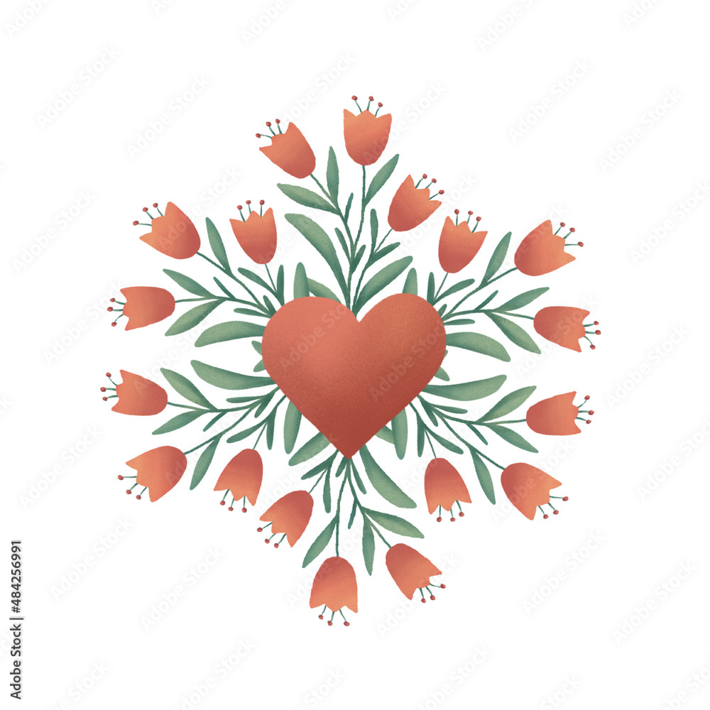 Bouquet with red heart and decorative floral elements. Isolated on white background. Fine edge processing of images. Bouquet with red heart and decorative floral elements. Isolated on white background. Fine edge processing of images.