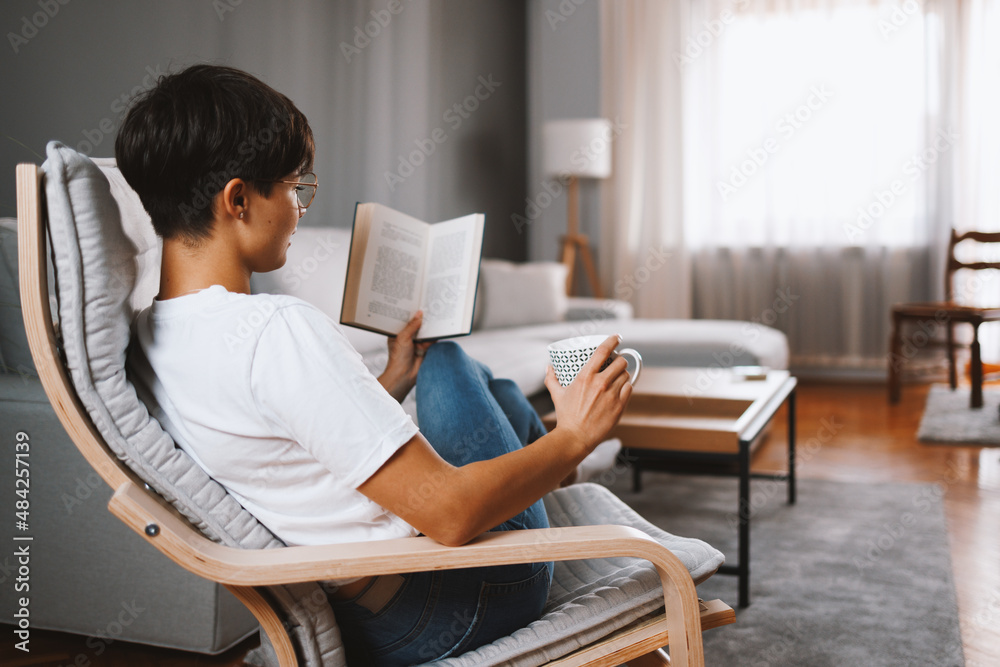 Young woman sitting in an armchair in living room and reading book