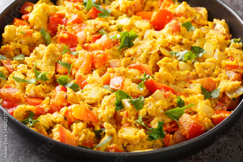 Perfect Egg Bhurji Spiced Indian Scrambled Eggs closeup in the plate on the table. Horizontal