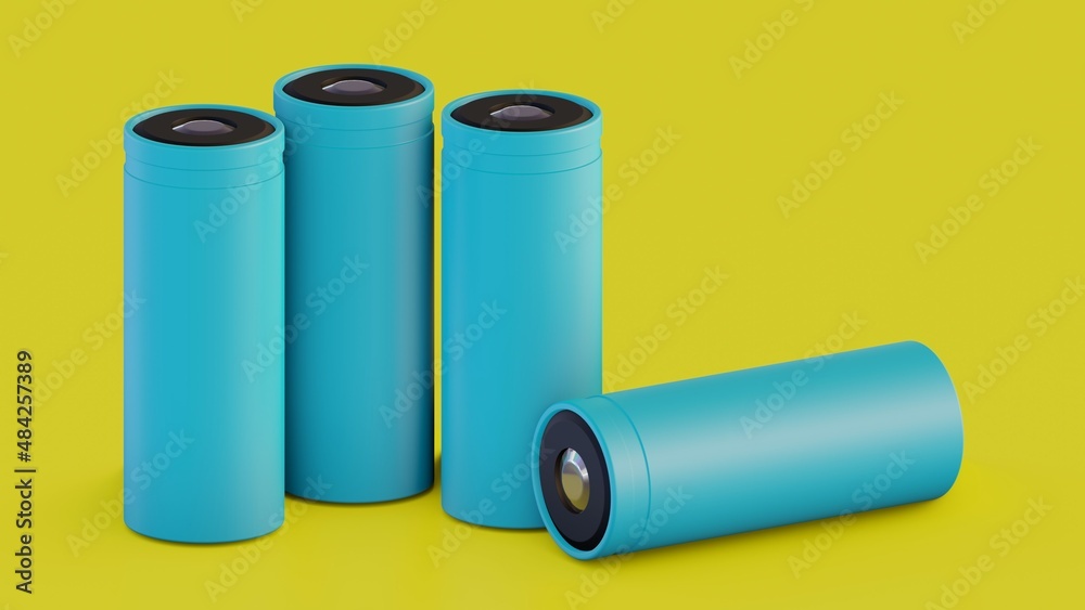 lithium 18650 batterie 3,7v isolated on yellow background. Lithium-ion 18650 size industrial high current batteries. 3d rendered image. lithium 18650 batterie 3,7v isolated on yellow background. Lithium-ion 18650 size industrial high current batteries. 3d rendered image.
