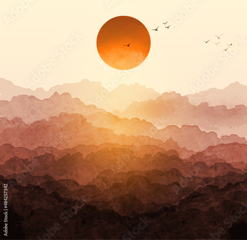 Sunrise landscape with forest mountains and big red sun. Traditional oriental ink painting sumi-e, u-sin, go-hua.