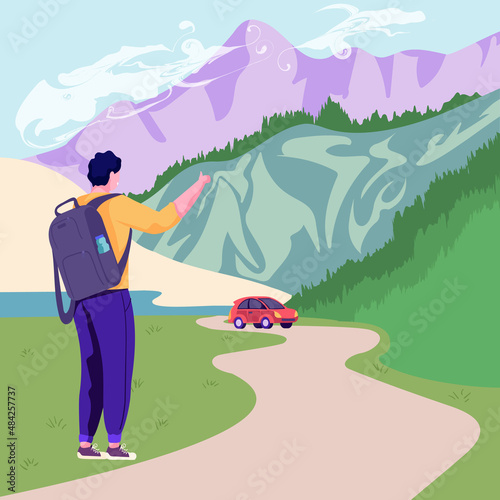 Boy hitchhiking at the side of the road. Backpaker catching the car. thump up. Adventure, trip, travel. Colourful cartoon vector landscape with mountain, plain and road. Back view. photo