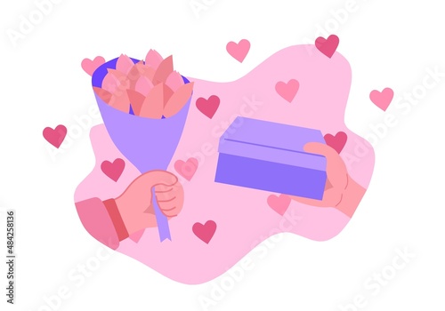 a flower and a gift for your boyfriend on valentines day in a flat style, for your projects and valentine's day