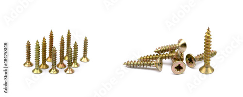 Scattered wood screws isolated on white background