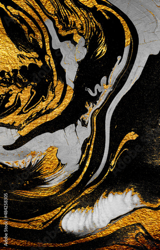 Golden swirl  artistic design. Suminagashi     the ancient art of Japanese marbling. Paper marbling is a method of aqueous surface design. Black and gold paper texture. 