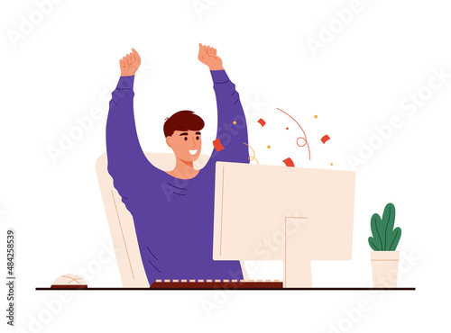 Cute caucasian teen boy receive acceptance letter from university. Teenager boy receive good news via email. Teenager celebrating his accepting to university. Winning concept. Isolated on white.