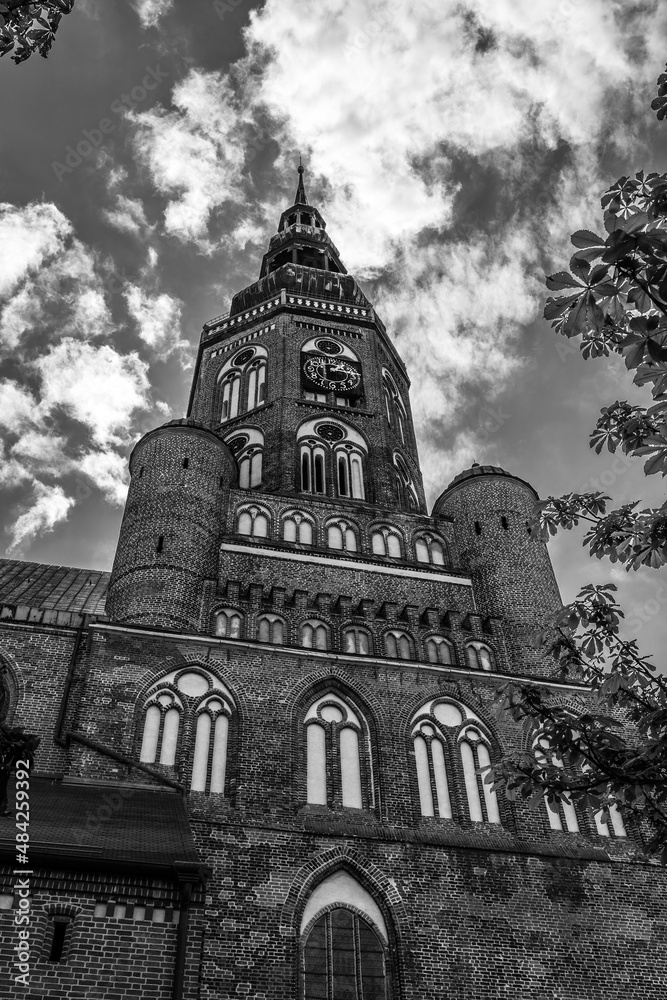 Saint Nicholas Evangelical Church. The main church and seat of the bishop of the Pomeranian Evangelical Church. Greifswald. Germany. Black and white.