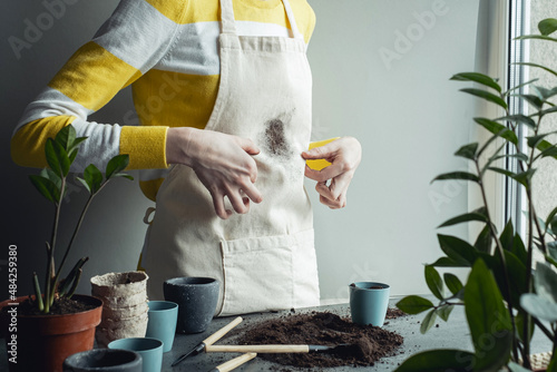 Woman showing dirty hands on the ground while transplanting houseplants