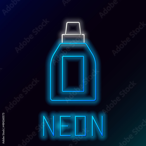 Glowing neon line Plastic bottle for laundry detergent, bleach, dishwashing liquid or another cleaning agent icon isolated on black background. Colorful outline concept. Vector
