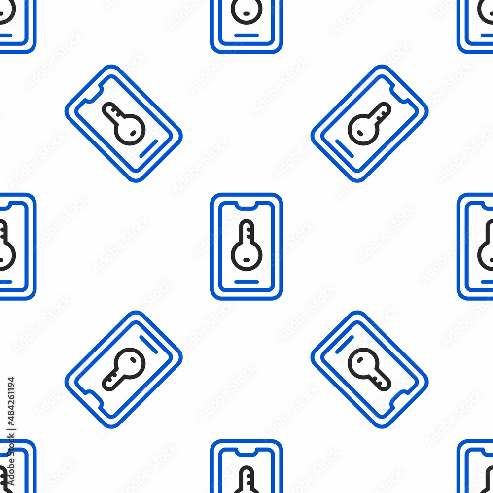 Line Online real estate house on smartphone icon isolated seamless pattern on white background. Home loan concept, rent, buy, buying a property. Colorful outline concept. Vector