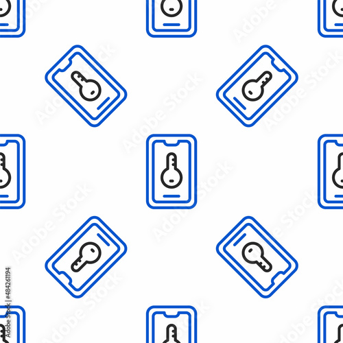 Line Online real estate house on smartphone icon isolated seamless pattern on white background. Home loan concept, rent, buy, buying a property. Colorful outline concept. Vector