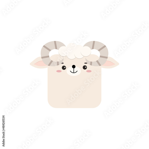 Square farm ram animal face icon isolated on white background. Cute cartoon square shape kawaii sheep avatar for kids character. Vector flat aries clip art illustration mobile ui game application.