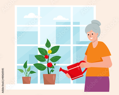 Old woman watering house indoors plants. Hobby gardening and growing houseplant for elderly people. Potted flowers in city home garden. Staying at home. Flat or cartoon vector illustration.
