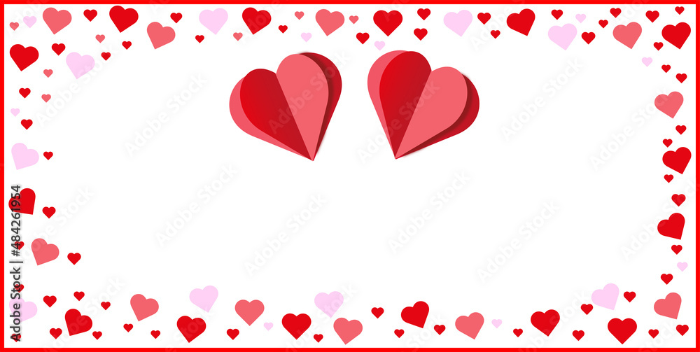A postcard with red hearts on a white background. A postcard for Valentine's Day. Wedding card. Invitation