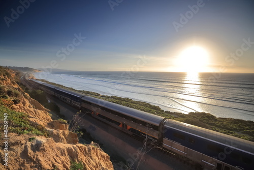 Canvas Print Amtrak trains along the San Diego coastline at dusk