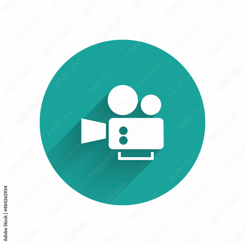 White Cinema camera icon isolated with long shadow. Video camera. Movie sign. Film projector. Green circle button. Vector White Cinema camera icon isolated with long shadow. Video camera. Movie sign. Film projector. Green circle button. Vector