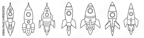 Rocket flying up into space. Icon, coloring book. Vector isolated illustration on white background, black and white line art
