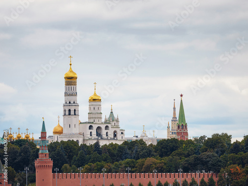 Beautiful view of Red Square with Moscow Kremlin and St. Basil's Cathedral in rainy summer. This is main tourist destination in Moscow. Beautiful panorama of heart of city.