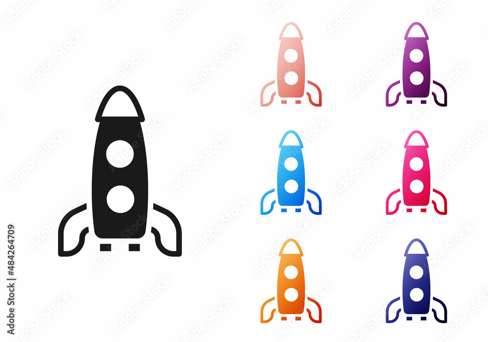 Black Rocket ship icon isolated on white background. Space travel. Set icons colorful. Vector Black Rocket ship icon isolated on white background. Space travel. Set icons colorful. Vector