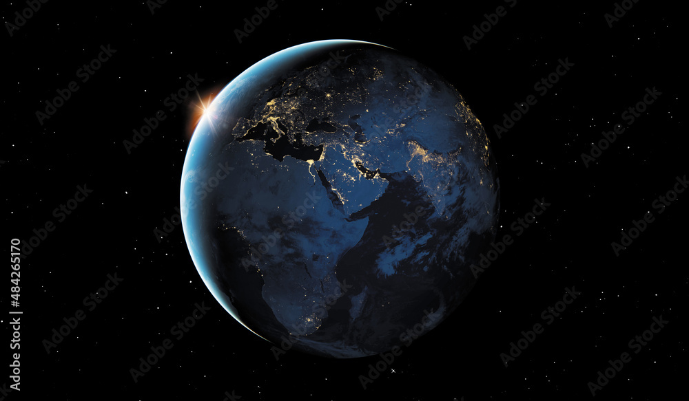 VUE DE L'EUROPE ET DE L'AFRIQUE DEPUIS L'ESPACE LA NUIT. Elements of this image furnished by NASA - obrazy, fototapety, plakaty 