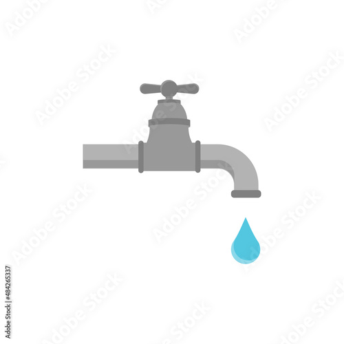 Classic colorful water tap with drop, icon isolated on white background. Faucet pictogram. Cartoon flat design. Vector illustration