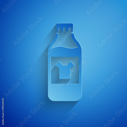 Paper cut Plastic bottle for laundry detergent, bleach, dishwashing liquid or another cleaning agent icon isolated on blue background. Paper art style. Vector
