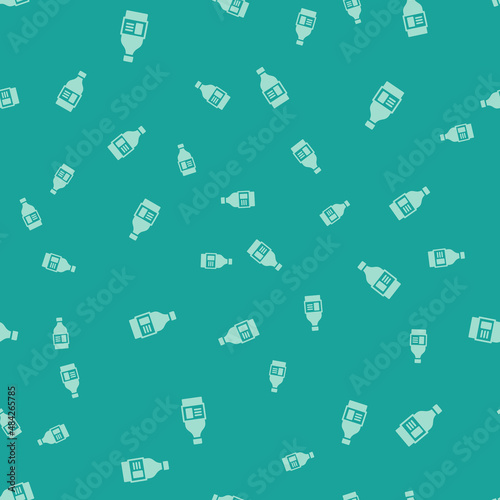 Green Plastic bottle for laundry detergent, bleach, dishwashing liquid or another cleaning agent icon isolated seamless pattern on green background. Vector