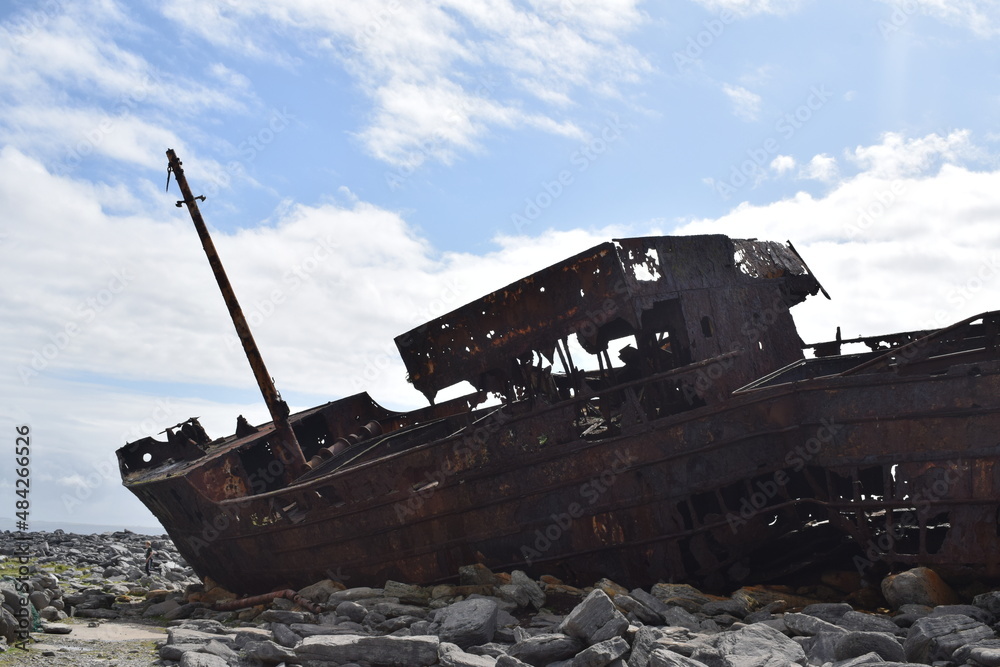 Plassey shipwreck stranded on rocks. Ship side close up. Ship silhouette. Inisheer. Aran Island. Ireland