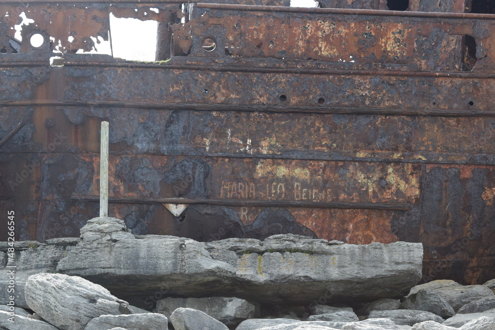 Plassey shipwreck side close up. Ship stranded on rocks. Ship silhouette. Inisheer. Aran Island. Ireland.
