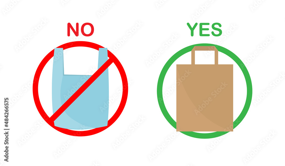 Plastic bag and eco-bag in a flat style, isolated on a white background. The concept of the pollution problem. Environment of care. Vector illustration