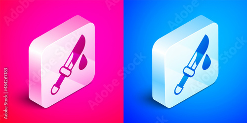 Isometric Bloody knife icon isolated on pink and blue background. Silver square button. Vector