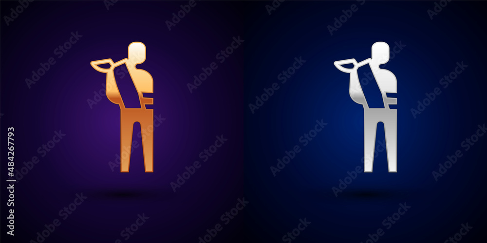 Gold and silver Human broken arm icon isolated on black background. Injured man in bandage. Vector Gold and silver Human broken arm icon isolated on black background. Injured man in bandage. Vector