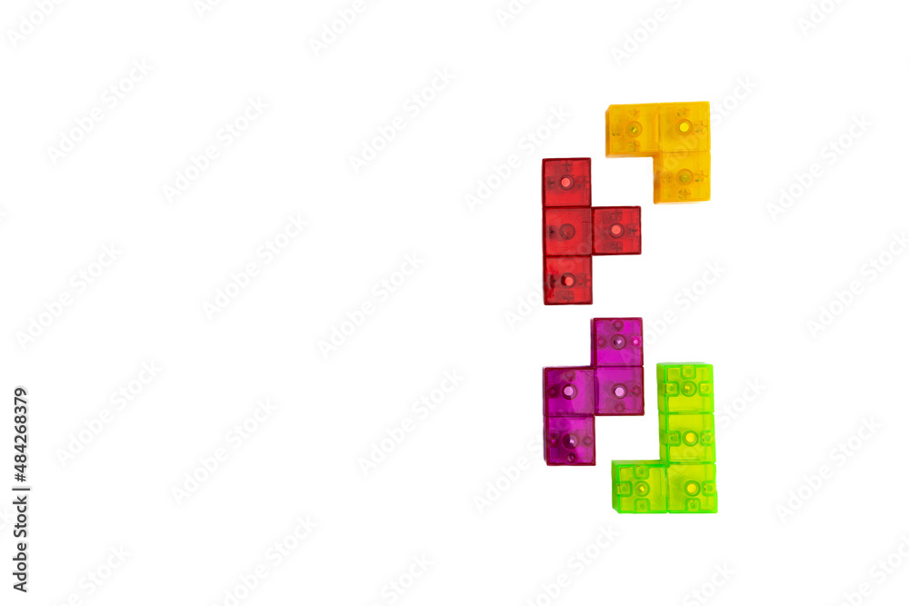 three-dimensional colored tetris figures isolated on a white background, space for copying.