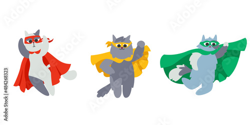 Set of different superhero cats. Fictional characters in cartoon style