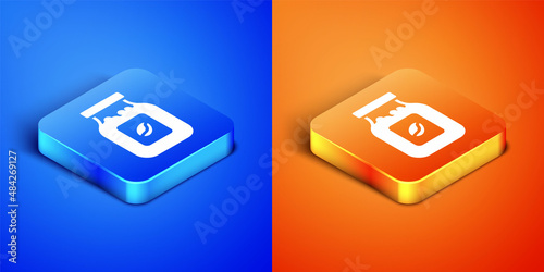 Isometric Coffee jar bottle icon isolated on blue and orange background. Square button. Vector