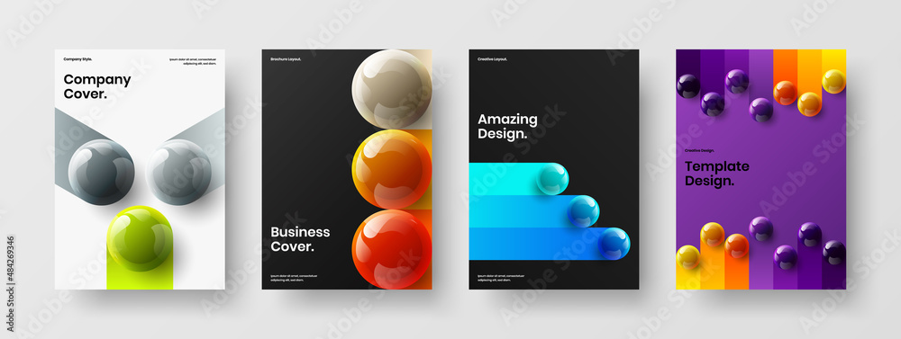 Minimalistic booklet design vector concept composition. Clean realistic spheres magazine cover layout set.