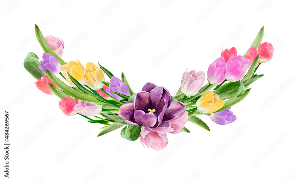 Bouquet of tulips. Spring floral wreath. Watercolor flowers. Easter greeting card. Yellow, pink, red, purple tulip with leaves