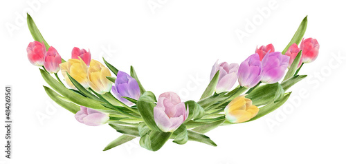 Fototapeta Naklejka Na Ścianę i Meble -  Bouquet of tulips. Spring floral wreath. Watercolor flowers. Easter greeting card. Yellow, pink, red, purple tulip with leaves